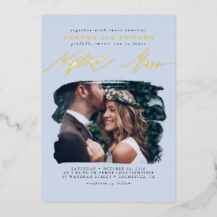 Elegante foto-overlay stoffig blauwe boho-huwelijk folie uitnodiging