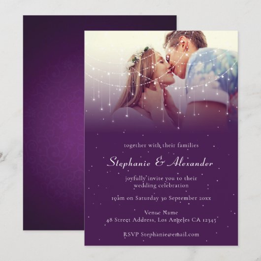 Elegante foto Paarse String Lights Bruiloft Kaart (Voorkant / Achterkant)
