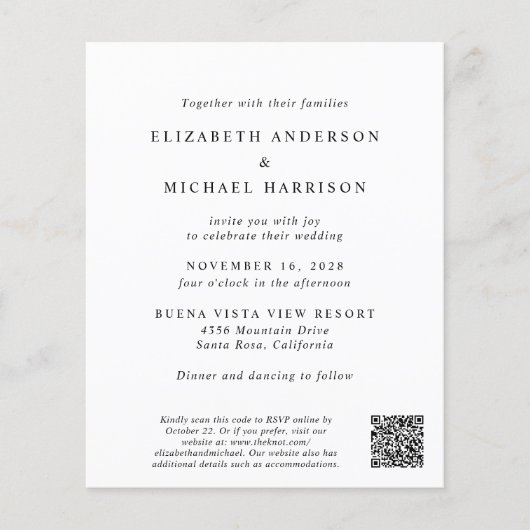 Elegante Foto QR Code Budget Bruiloft Uitnodiging (Voorkant)