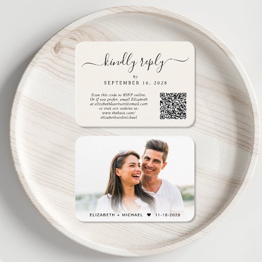 Elegante Foto QR Code Cream Bruiloft RSVP Informatiekaartje
