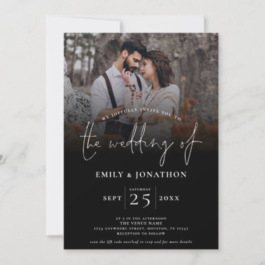 Elegante foto QR Code Script Bruiloft Zwart Kaart (Voorkant)