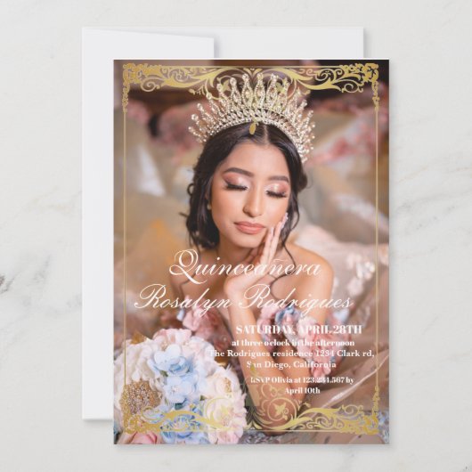 Elegante foto Quinceanera goud wit uitnodiging (Voorkant)