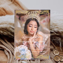 Elegante foto Quinceanera goud witte uitnodiging