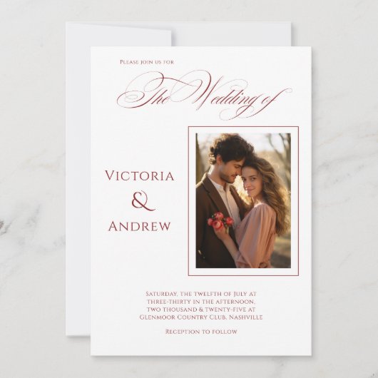 Elegante foto rood moderne bruiloft uitnodiging (Voorkant)