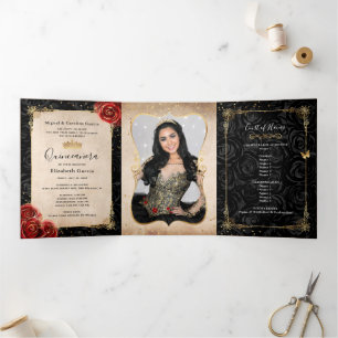 Elegante foto Rood Rose Zwart en Goud Quinceanera Drieluik Uitnodiging