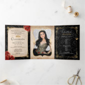 Elegante foto Rood Rose Zwart en Goud Quinceanera Drieluik Uitnodiging (Binnen)
