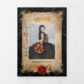 Elegante foto Rood Rose Zwart en Goud Quinceanera Drieluik Uitnodiging (Cover)