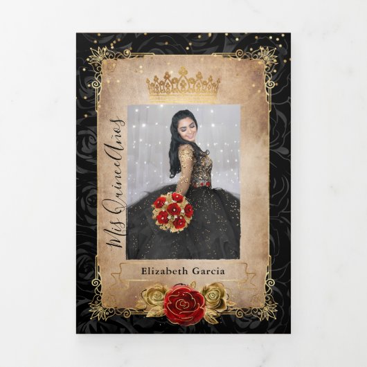 Elegante foto Rood Rose Zwart en Goud Quinceanera Drieluik Uitnodiging (Cover)