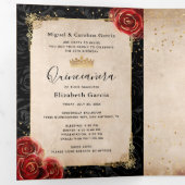 Elegante foto Rood Rose Zwart en Goud Quinceanera Drieluik Uitnodiging (Binnenzijde eerst)