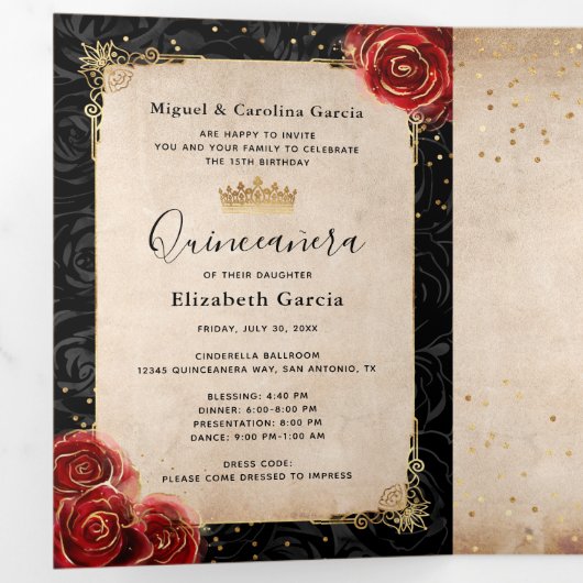 Elegante foto Rood Rose Zwart en Goud Quinceanera Drieluik Uitnodiging (Binnenzijde eerst)