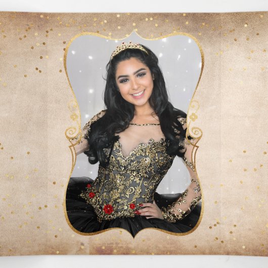 Elegante foto Rood Rose Zwart en Goud Quinceanera Drieluik Uitnodiging (Binnenkant midden)