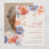 Elegante Foto Roze Bloemen 100ste Verjaardag Kaart (Voorkant / Achterkant)