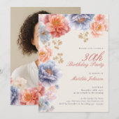 Elegante Foto Roze Bloemen 30e Verjaardag Kaart (Voorkant / Achterkant)