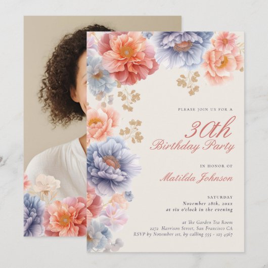 Elegante Foto Roze Bloemen 30e Verjaardag Kaart (Voorkant / Achterkant)