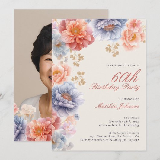 Elegante Foto Roze Bloemen 60ste Verjaardag Kaart (Voorkant / Achterkant)