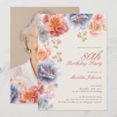 Elegante Foto Roze Bloemen 80ste Verjaardag Kaart (Voorkant / Achterkant)