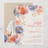 Elegante Foto Roze Bloemen 90ste Verjaardag Kaart (Voorkant / Achterkant)