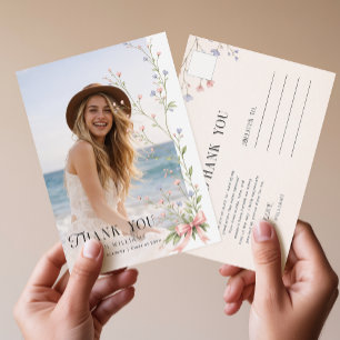 Elegante foto roze strik bloemige afstudeer bedank briefkaart