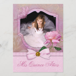 Elegante foto roze vlinder roos Quinceanera Kaart