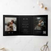 Elegante Foto RSVP Details QR Code Zwart Huwelijk Drieluik Uitnodiging (Binnen)