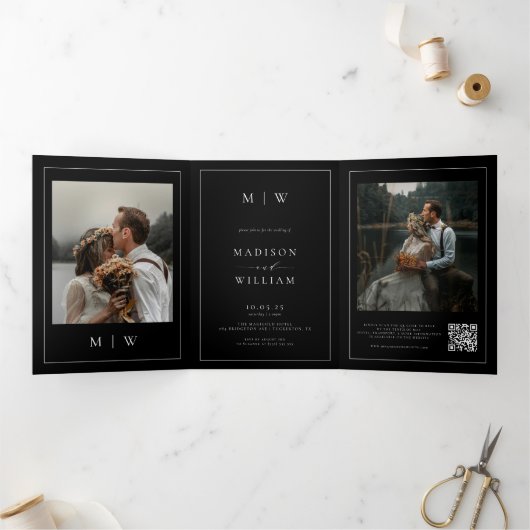 Elegante Foto RSVP Details QR Code Zwart Huwelijk Drieluik Uitnodiging (Binnen)