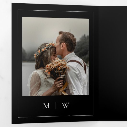 Elegante Foto RSVP Details QR Code Zwart Huwelijk Drieluik Uitnodiging (Binnenzijde eerst)