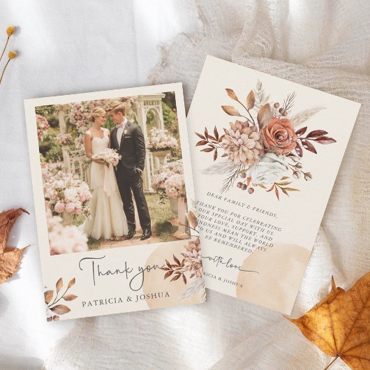 Elegante Foto Rustieke Herfst Bruiloft Bedankkaart