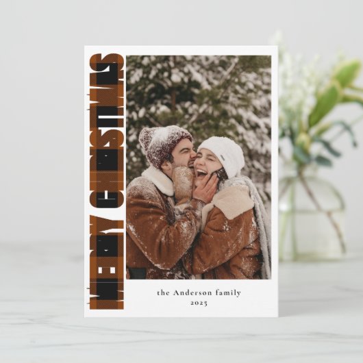 Elegante foto rustieke plaid vrolijke kerst feestdagenkaart (Staand voorkant)