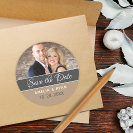 Elegante foto Save the Date-huwelijk Ronde Sticker