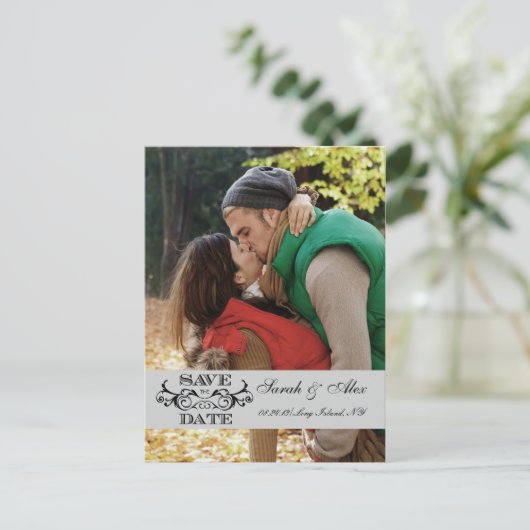 Elegante foto Sla de datum Grey Swirl Briefkaart (Staand voorkant)