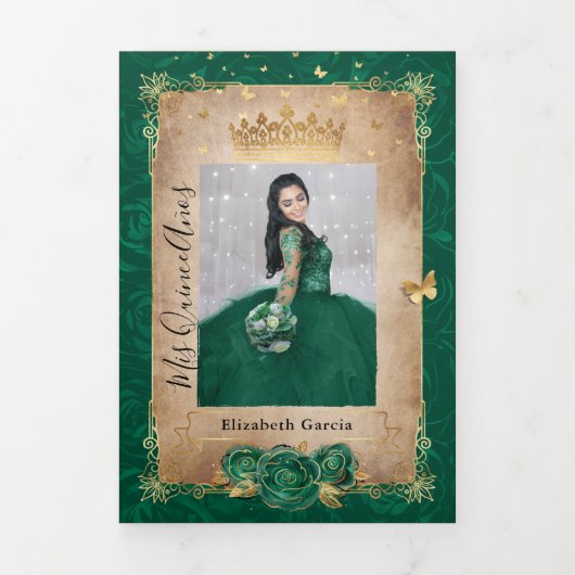 Elegante foto Spaans Groen Roos Goud Quinceanera Drieluik Uitnodiging (Cover)