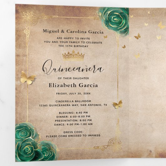 Elegante foto Spaans Groen Roos Goud Quinceanera Drieluik Uitnodiging (Binnenzijde eerst)