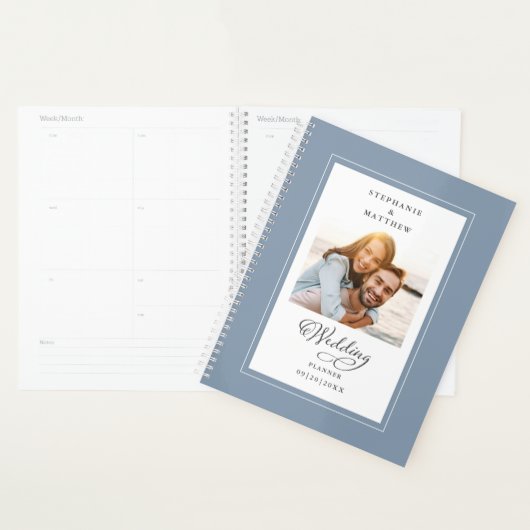 Elegante Foto Stofblauwe Verlovingsbruiloft Planner (Display)