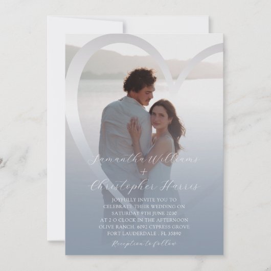 Elegante foto Stoffig Blauw & Zilveren Hart Bruilo Kaart (Voorkant)