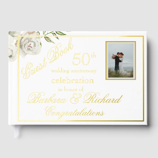 Elegante Foto Trouwen Jubileum Party Gold Folie Gastenboek (Voorkant)