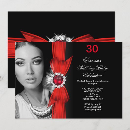 Elegante foto verjaardagsfeest dieprood zwart kaart (Voorkant / Achterkant)