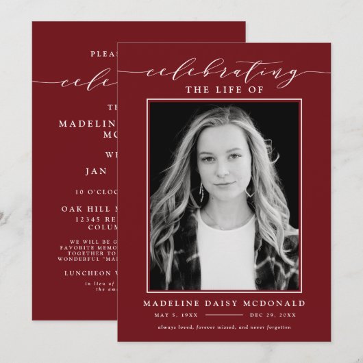 ELEGANTE FOTO VIERING VAN HET LEVEN MEMORIAL BEGRA KAART (Voorkant / Achterkant)