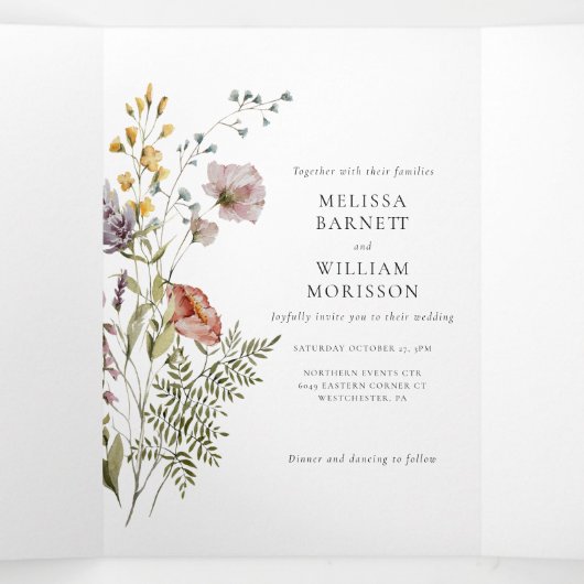Elegante foto Wildflower Boho bruiloft Drieluik Uitnodiging (Binnenkant midden)