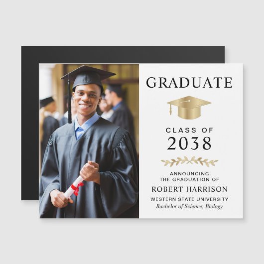 Elegante Foto Wit Goud Afstuderen Aankondiging (Voorkant / Achterkant)