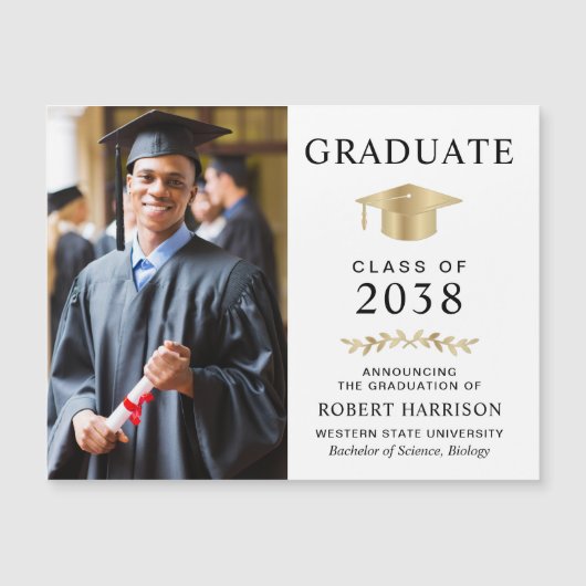 Elegante Foto Wit Goud Afstuderen Aankondiging (Voorkant)