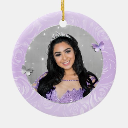 Elegante foto Zilver en licht Paarse Quinceanera Keramisch Ornament (Achterkant)