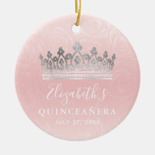 Elegante foto zilver en roze Quinceanera Keramisch Ornament