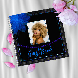 Elegante foto Zwart en Blauw Verjaardag Gastenboek Notitieboek