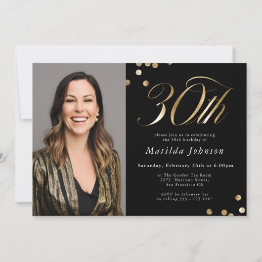 Elegante foto zwart en goud 30e verjaardag kaart (Voorkant)