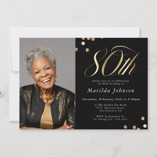 Elegante foto zwart en goud 80ste verjaardag kaart (Voorkant)