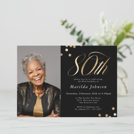 Elegante foto zwart en goud 80ste verjaardag kaart (Staand voorkant)