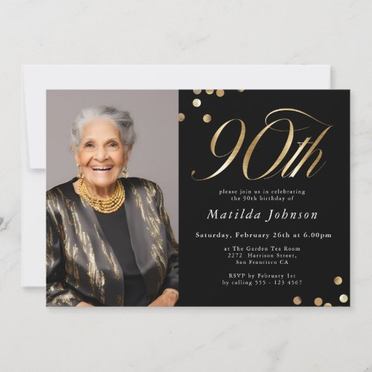 Elegante foto zwart en goud 90e verjaardag kaart (Voorkant)