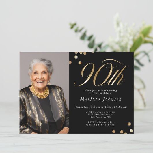 Elegante foto zwart en goud 90e verjaardag kaart (Staand voorkant)