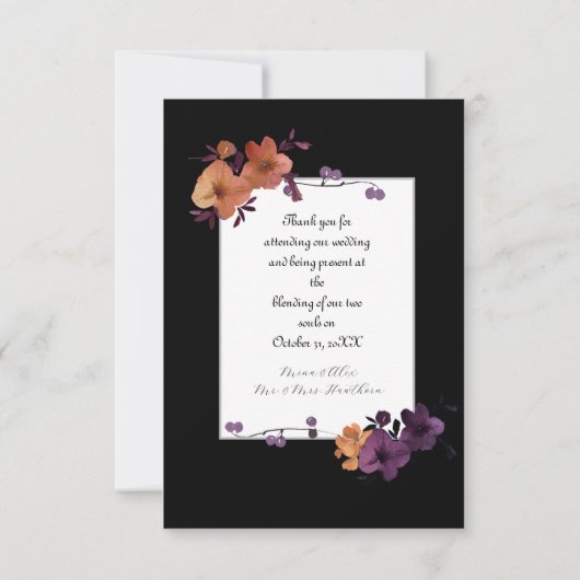 Elegante foto zwart en herfst bloemenbruiloft bedankkaart (Achterkant)