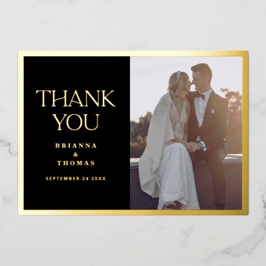Elegante foto Zwart Goud Bruiloft Dank u Kaart (Voorkant)